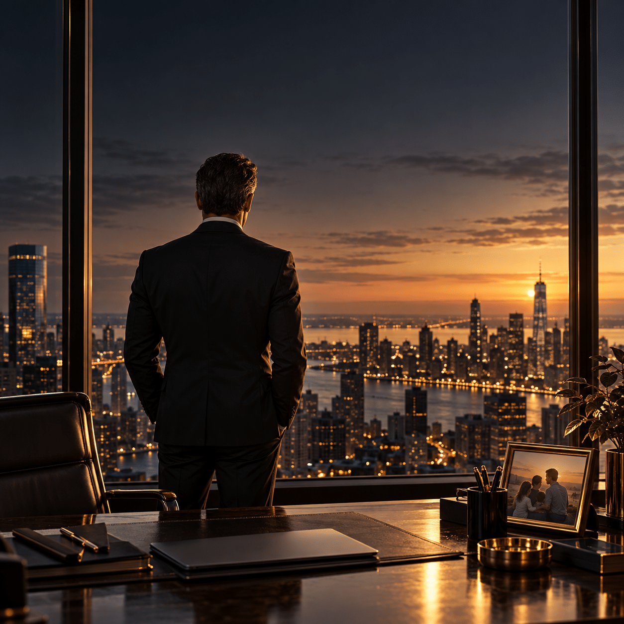 CEO looking out an office window at a city skyline during sunset, contemplating work-life balance.